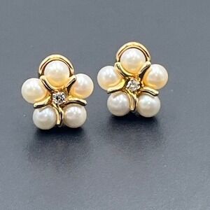 Designer 14k Gold Estate Pearl Cluster Flower Diamond Center Clip Earrings Mom